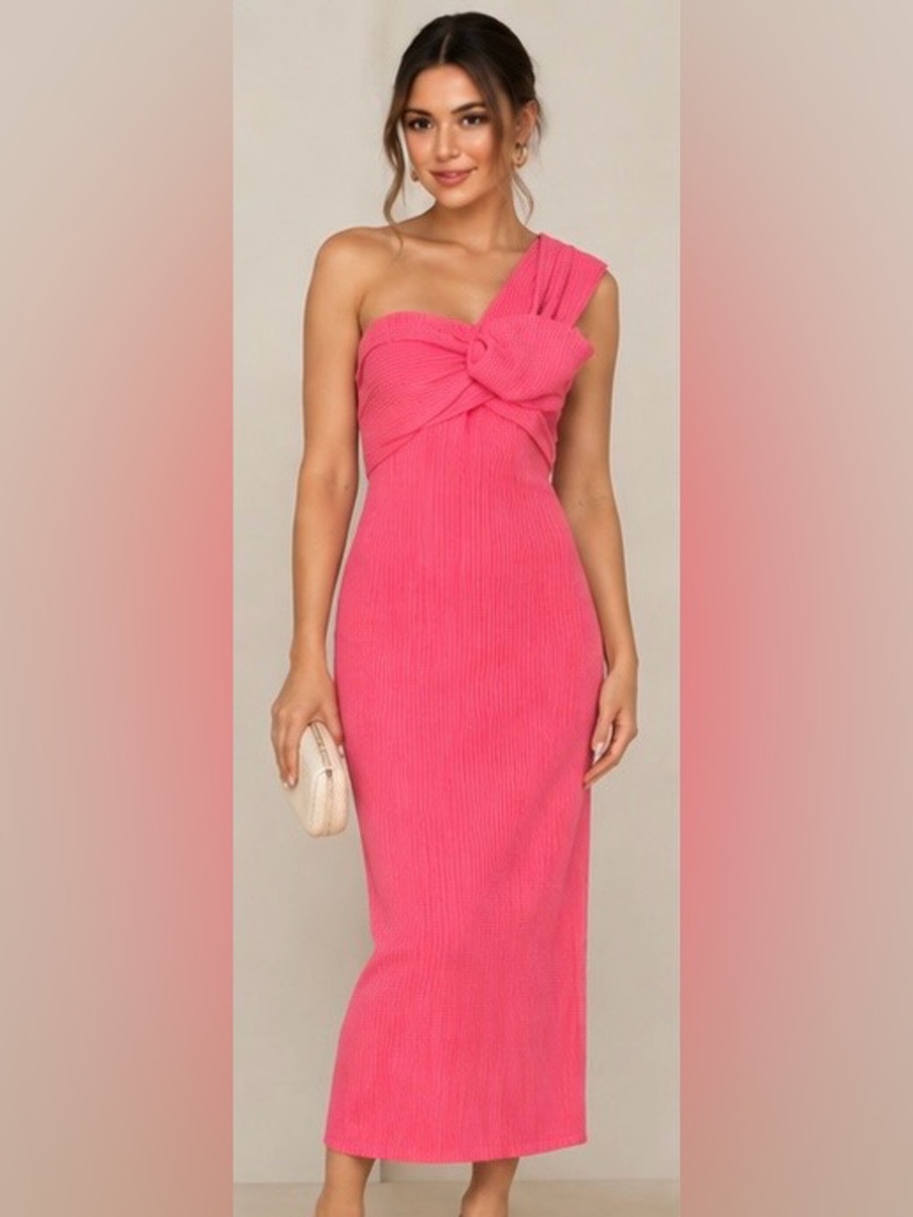 Porridge x Anthropologie Antonia Twist-Front One-Shoulder Pink Ribbed Maxi Dress